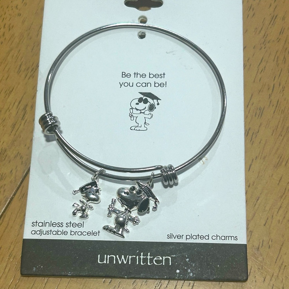 Peanuts Snoopy & Woodstock Graduation Stainless Steel adjustable Bangle Bracelet